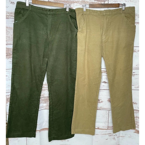 Lot Of 2 Walker And Hawkes 38 Mens Green Beige Flat Front Moleskin Pants - Picture 1 of 10